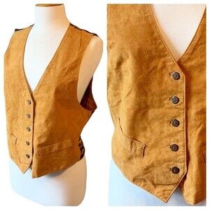 NWT Arizona Southwest Tan Leather Cowhide Button Front Vest - Large